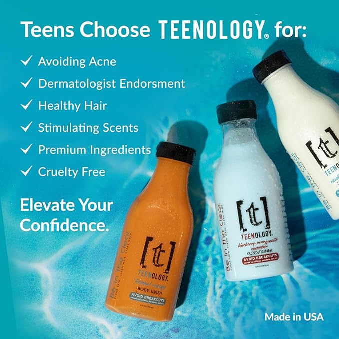 Teenology Shampoo for Teens - Avoid Forehead and Body Breakouts - No Sulfates or Parabens, Noncomedogenic, Natural Botanical Extracts, 16 oz. (Blueberry Pomegranate Cucumber)