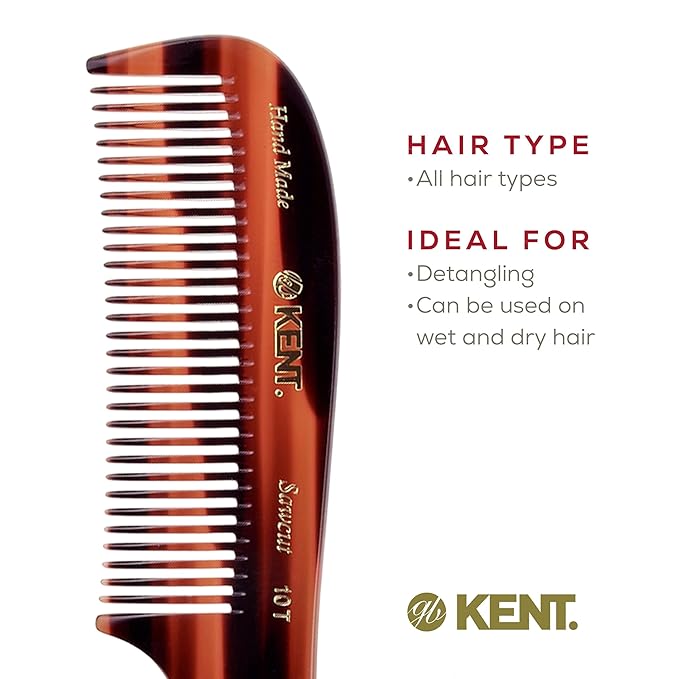 Kent 10T Large Hair Detangler Comb - Handmade Wide Tooth Combs for Curly Hair, Rake Comb For Wet and Dry Hairs, for Women for Thick Hairs Saw-Cut and Hand Polished Kent Combs