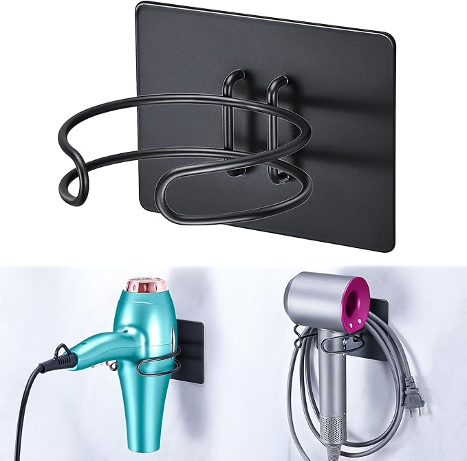 Blow Dryer Holder Wall Mounted, Hair Dryer Holder Stand for Most Hair Dryers Organizer and Storage, Self Adhesive Hairdryer Hanger Rack for Bathroom and Cabinet, Black
