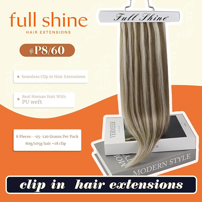 Full Shine Balayage Blonde Clip in Hair Extensions Real Human Hair Ash Brown Hair Extensions Mix Platinum Blonde Seamless Clip ins for Short Hair 12 Inch 8 PCS 95 G