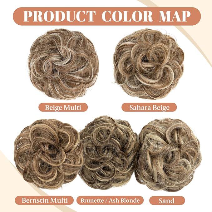 CJL HAIR 2PCS Messy Bun Hair Pieces Wavy Curly Synthetic Updo Chignon Fake Scrunchies Ponytail Extension for Women Bernstein Multi