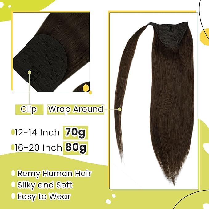 RUANTURE Clip in Ponytail Hair Extensions Human Hair Chocolate Brown Real Hair Ponytail Extension Straight Wrap Around Ponytail Human Hair Extension 16 Inch 80g Thick Pony Tails Hair Extensions