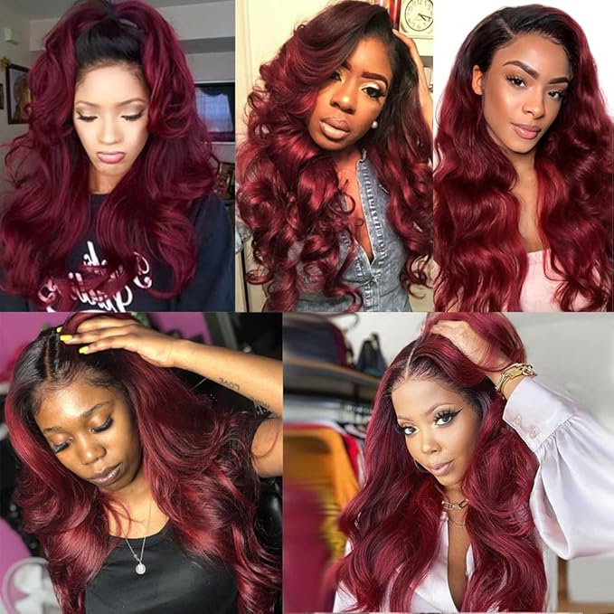 24 26 28 Inch Ombre Bundles Human Hair 99j Body Wave Bundles 2 Tone Black and Red Body Wave Bundle Niegmeag Brazilian Virgin Soft and Silky Remy Hair Extensions 300g