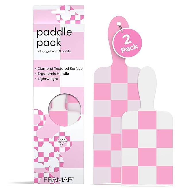 FRAMAR Checkered Balayage Board and Paddle Set - Long and Short Foil Board For Highlights, Balayage Hair Dye Kit, Hair Salon Supplies, For Enhanced Precision - 2 Pack - Pink and White