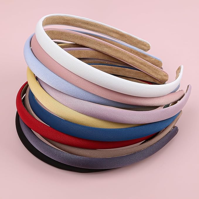 XIMA Solid Fabric Headbands for Women and Girls, 10mm Soft Satin Thin Non-Slip Hairbands, Set of 12