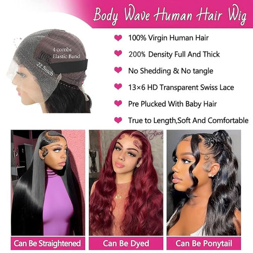32 Inch 13x6 Lace Front Wigs Human Hair 200 Density Body Wave HD Lace Front Wigs Human Hair Pre Plucked Natural Color Glueless Wig 100% Virgin Human Hair Lace Front Wigs for Women