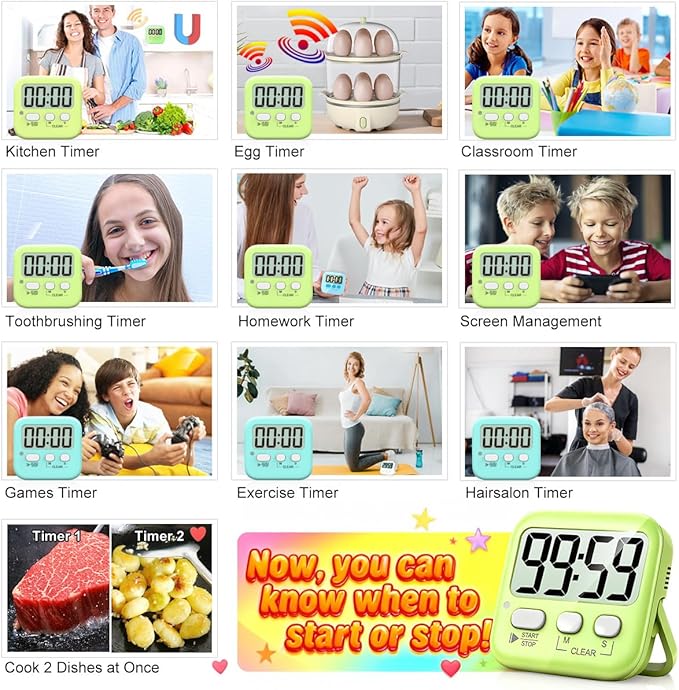 Antonki 2 Pack Digital Timer for Kids, Magnetic Countdown Kitchen Timers for Cooking, Egg, Classroom, Teacher, Exercise, Study, Oven - Battery Included