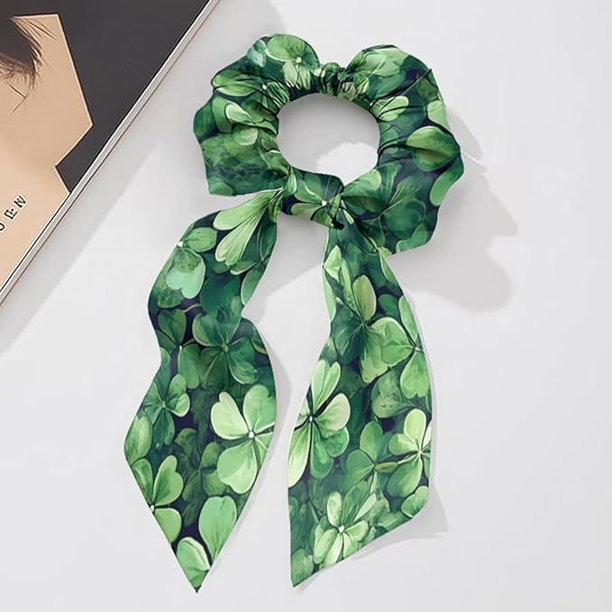 Four Leaf Ladybug Satin Hair Ties for Curly Hair 2 Piece Fashion Bow Scrunchies with Ribbon for St Patricks Day Long Ribbon Hair Ties Knotted Bow