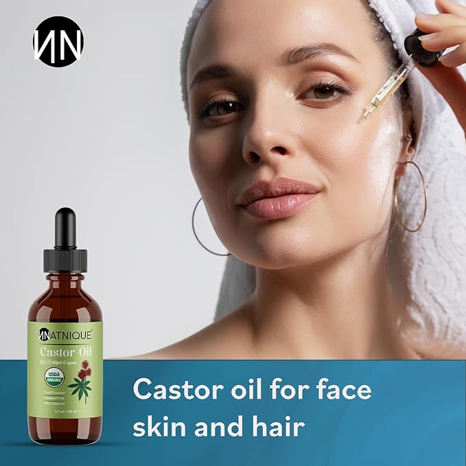 Natnique Castor Oil 4oz – USDA Certified Organic, 100% Pure Cold Pressed Unrefined Oil for Hair Growth, Eyelashes, Eyebrows & Scalp – Natural Skin Moisturizer, Lash Serum & Hair Treatment