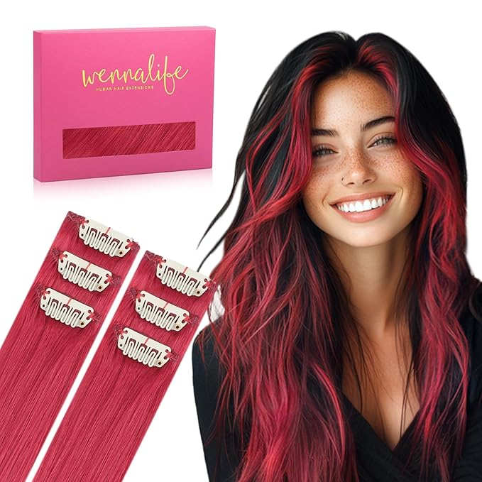 WENNALIFE Red Clip in Hair Extensions Real Human Hair 35g 6pcs 22 Inch Colored Hair Extensions for Kids Women Colorful Hair Pieces Pop-up Style Straight Extensiones De Cabello Humano Con Clip