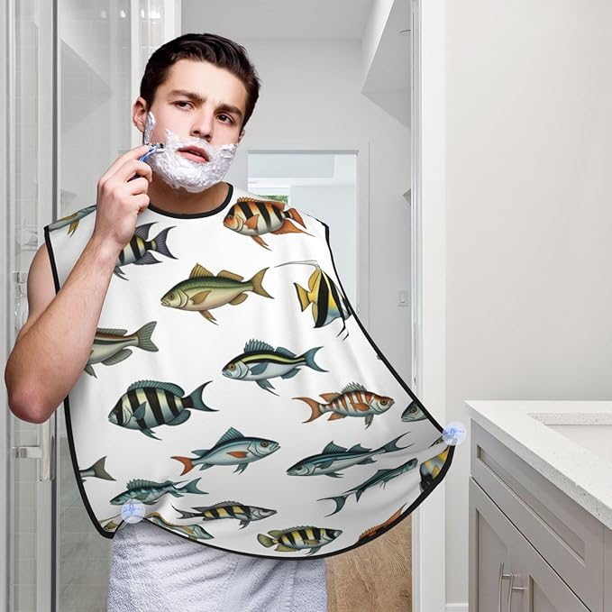 Beard Shaving Cape with Suction Cups, Sea Fish Pattern Shave Bib, Non-Stick Waterproof Hair Catcher, Grooming Bib for Men Husband