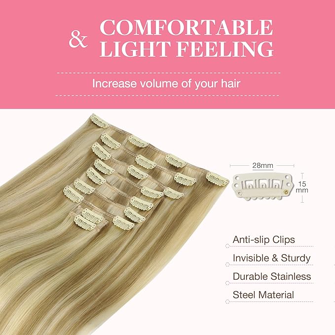 GOO GOO Clip in Hair Extensions Real Human Hair, Remy Human Hair Extensions Clip ins for Women, Natural Human Hair, 26inch 260g 9Pcs, #16/22 Light Blonde Highlighted Golden Blonde