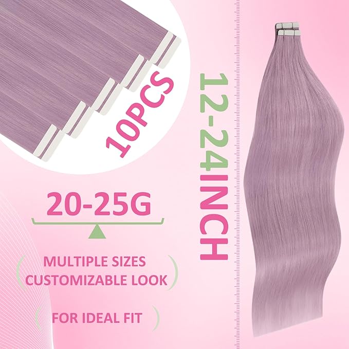 YoungSee Tape in Hair Extensions Real Human Hair Purple 18In Human Hair Tape in Extensions Lavender Invisible Tape on Hair Extension 10pcs Light Purple for Cosplay 25g