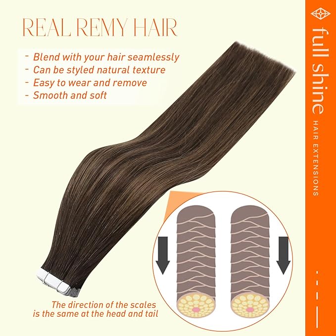 Full Shine Tape in Human Hair Extensions 18 Inch Adhesive Hair Extensions 50G 20Pcs Glue on Hair Extension Color 2 Darkest Brown Ombre 8 Ash Brown and 2 Seamless Tape in Hair Extensions for Wedding
