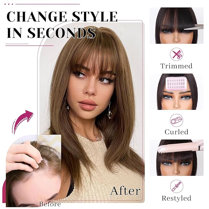 VERNA Hair Toppers for Women Real Human Hair 360°3D Cover Bangs Hair Clip,100% Real Human Hair Light Brown Clip in Bangs,Hair pieces for Daily Wear(5.5 * 9)