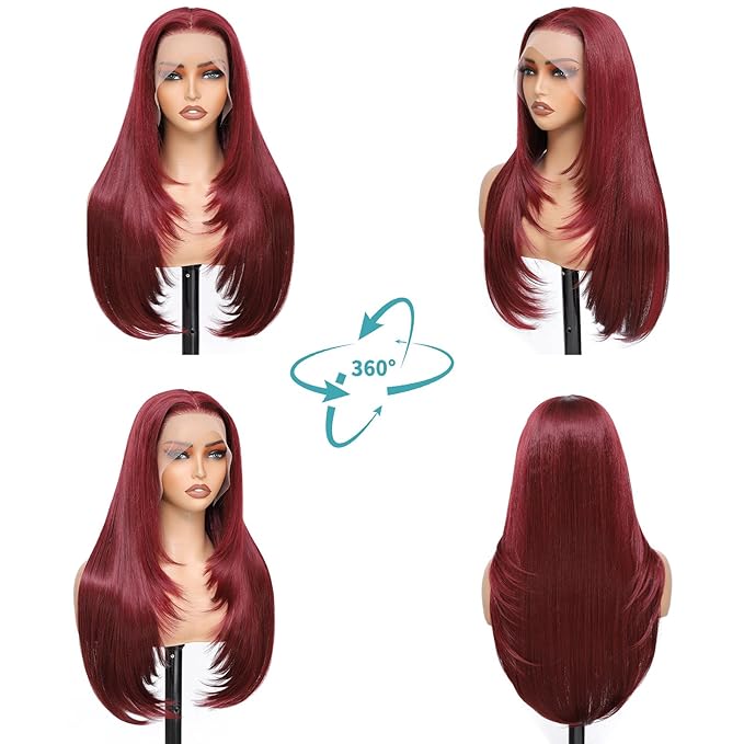 Burgundy 99j Synthetic Lace Front Wig 13x4 Layered Hairstyle Glueless Pre Plucked Straight 26 Inch for Wigs Black Women Beginner Friendly