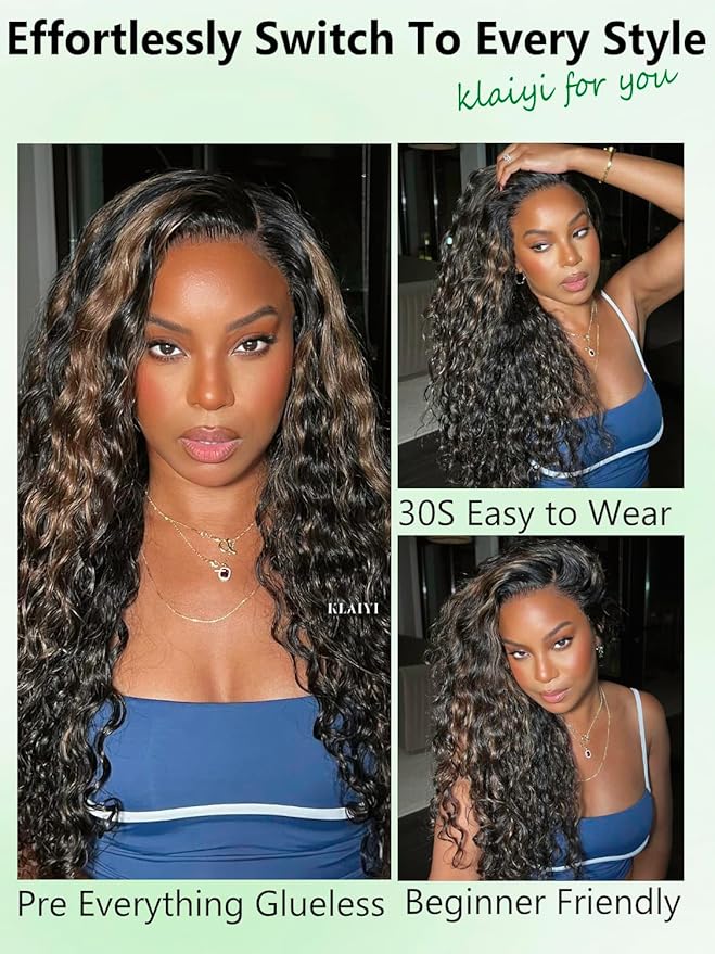 KLAIYI Golden Brown Water Wave Bye Bye Knots Glueless Wig Human Hair Highlight 7x5 Precut Lace Front Pre Plucked Bleached Ombre 3S Ready to Wear Go Beginners Wig with Dark Roots Deep Curly Wave 24Inch