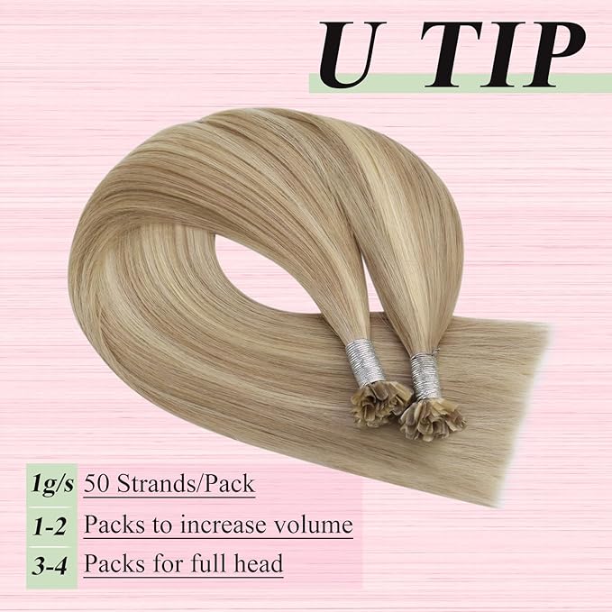 YoungSee U Tip Hair Extensions Human Hair Blonde Highlight U Tips Remy Hair Extensions Blonde Ktips Hair Extension Real Human Hair for Short Hair Keratin Hair Extension for Women 14In 1G/S 50G