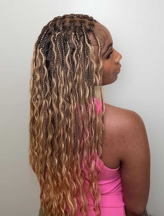 Human Hair Boho Curls Hand-Tied HD Full Lace Wig - 24" Salon-Level Small Box Synthetic Braids (100 Braids, High Density) Pre-Cut Swiss HD Lace, Pre-Plucked, Tangle-Free - 1B/27 Honey Blond