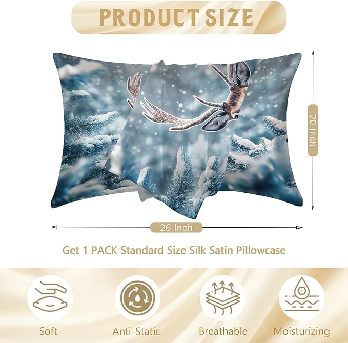 Silk Pillowcase for Hair and Skin Winter Snowy Forest and Deer Satin Pillowcase Standard Size with Zipper Silky Soft Cooling Satin Pillowcase Sleeping for Women 20"x26"