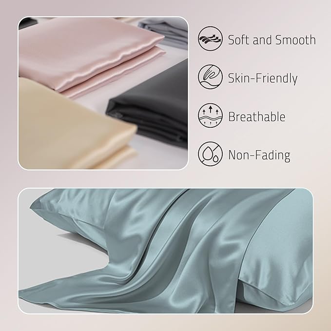 Mulberry Silk Pillowcase for Hair and Skin Prevent Acne Pillowcase Both Sides Real Silk Pillowcases Organic Silk Pillow Cases with Hidden Zipper, Haze Blue, Standard (20"×26")