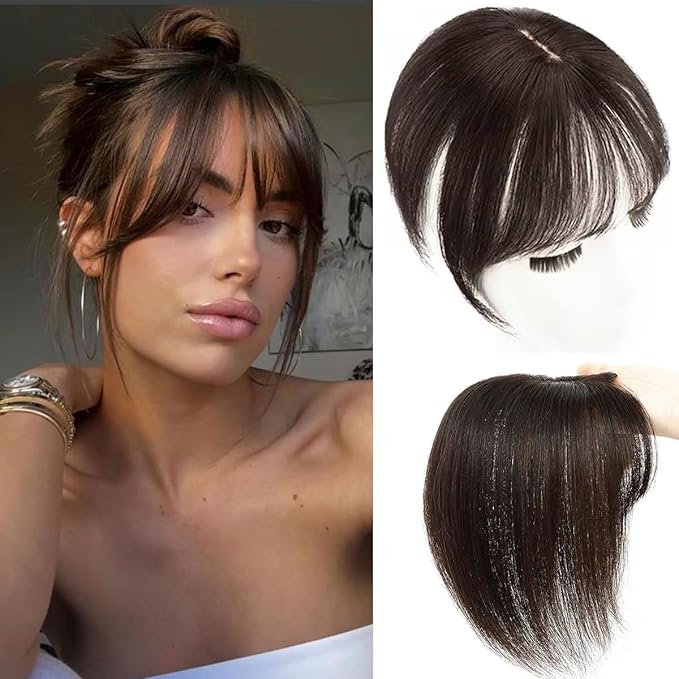 Hair Toppers for Women Real Human Hair 3D Cover Topper with Bangs Hair Extensions Clip in Bangs for Daily Wear Dark Brown #2 Color