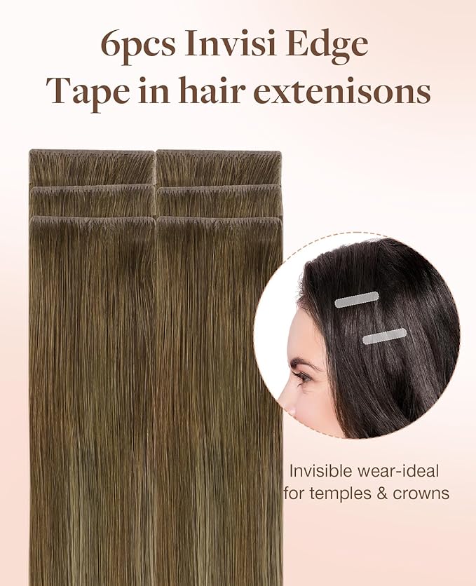 GOO GOO Invisi Edge Tape in Hair Extensions Human Hair, 3/8/613 Balayage Walnut Brown to Ash Brown and Bleach Blonde, 6pcs 16inch 15g, Virgin Remy Hair, Seamless Injected Tape, Natural Look