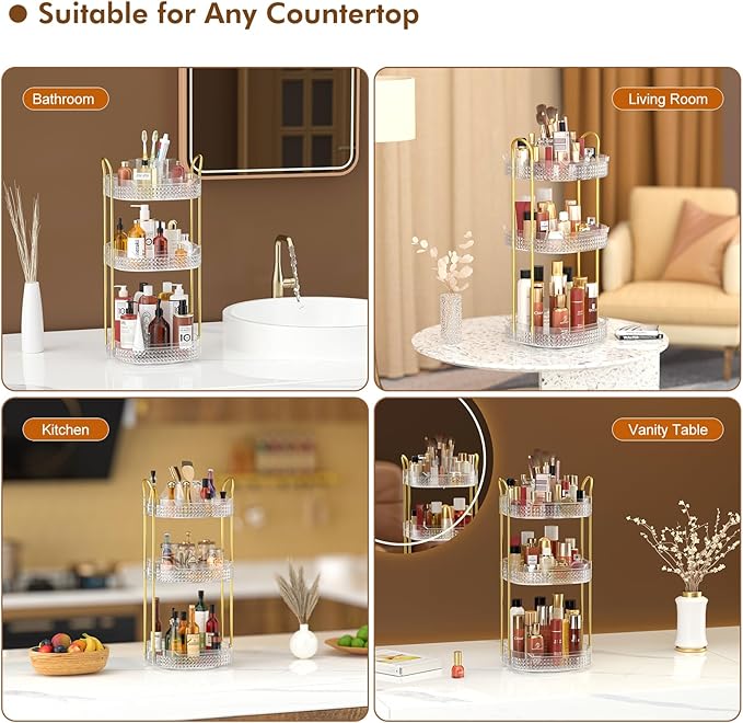 Awenia Rotating Makeup Organizer 360, Stackable Adjustable Large Capacity Cosmetic Storage Unit,Dresser Bathroom Kitchen Countertop Organizer with Metal Handle, Plus Size (Clear, 3 Tier)