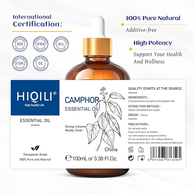 HIQILI 100ML Camphor Essential Oil Pure, 100% Undiluted for Skin, Diffuser, Aromatherapy - 3.38 Fl Oz