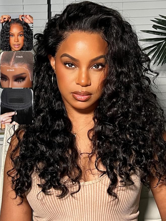 KLAIYI Water Wave Pre Everything Glueless 13x4 Lace Front Wigs Human Hair Precut Lace Pre Plucked Pre Bleached Bye Bye Knots Curly Wear and Go Beginners Wig with Drawstring 30S Ready to Wear 26Inch