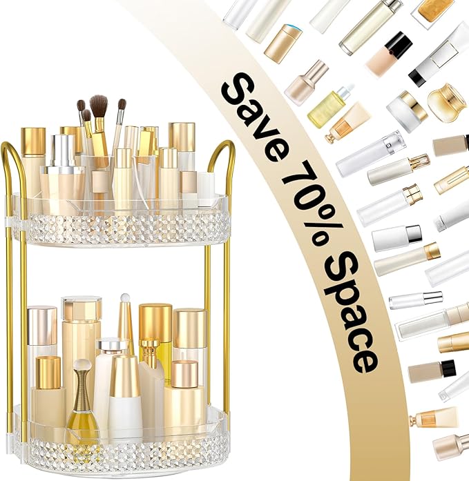 360 Rotating Makeup Organizer 2 Tier, Large Skincare Clear Make Up Storage Spinning Perfume Organizers for Bathroom Counter Dresser, White