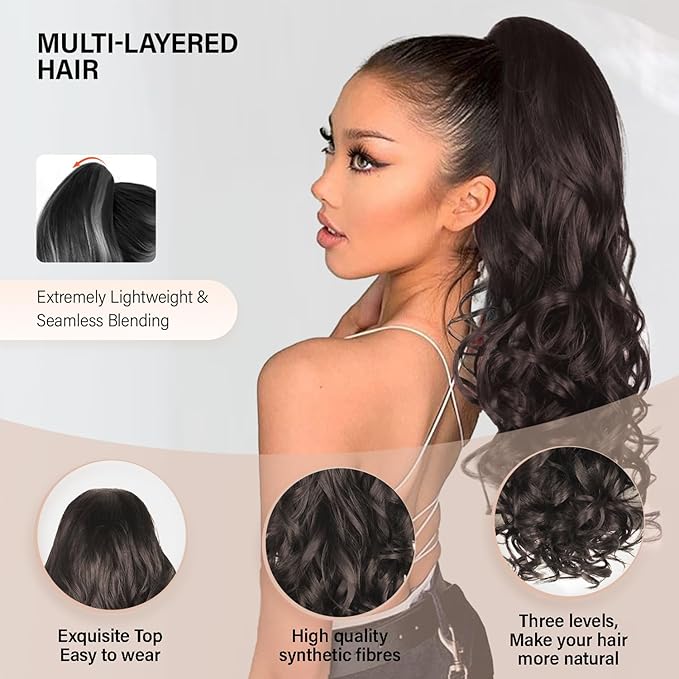 Dark Brown Ponytail Extension, 24 Inch Claw Clip ponytail extension, Soft Curly Clip on Ponytails for Women, Natural Synthetic Layered Pony Tails Hair Extensions (Color: Dark Brown)