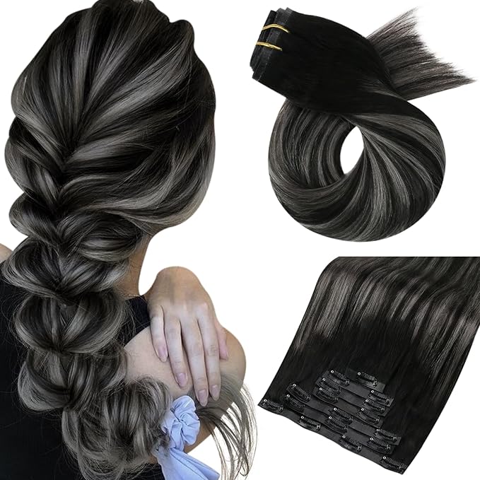 Moresoo Invisible Clip in Hair Extensions Silver Black Balayage Human Hair Clip in Extensions Black to Silver Grey Ombre Hair Extensions Clip in 18in 7pcs 120g