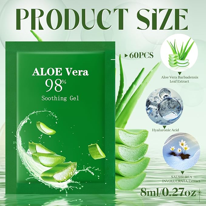 60 Pcs Aloe Vera Gel Bulk Travel Size Soothing Gel 98% Organic Aloe Vera Moisturizer for Skin and Hair Face Moisturizer for Sunburns Relief, Razor Burns, DIY Skincare