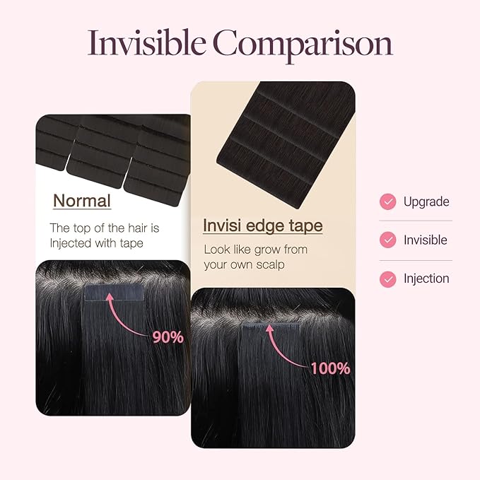 GOO GOO Invisi Edge Wide Tape in Hair Extensions,1B Natural black,4pcs 18inch 20g, Remy Human Hair,Seamless Injected Tape, Natural Look