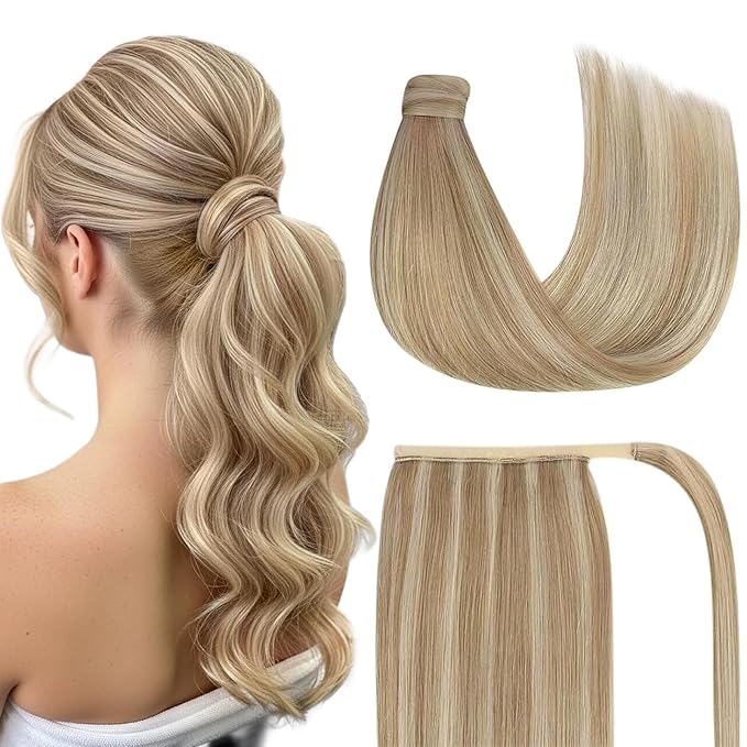 Ve Sunny Hair Extensions Ponytail Real Human Hair Wrap Around Clip in Ponytail Hair Extensions Straight Extensions Human Hair for Women Dark Blonde Highlights Golden Blonde 16inch 80G