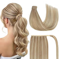 Ve Sunny Hair Extensions Ponytail Real Human Hair Wrap Around Clip in Ponytail Hair Extensions Straight Extensions Human Hair for Women Dark Blonde Highlights Golden Blonde 22inch 80G