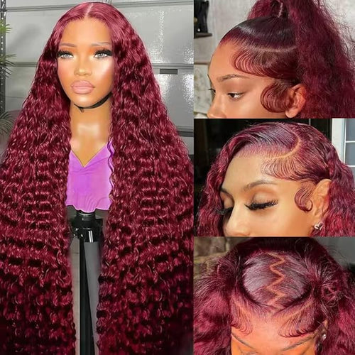 34 Inch Burgundy Wig Human Hair 13x6 Deep Wave Lace Front Wigs Pre Plucked 99j Burgundy HD Lace Front Wigs 200 Density Red Frontal Glueless Wig with Baby Hair for Women