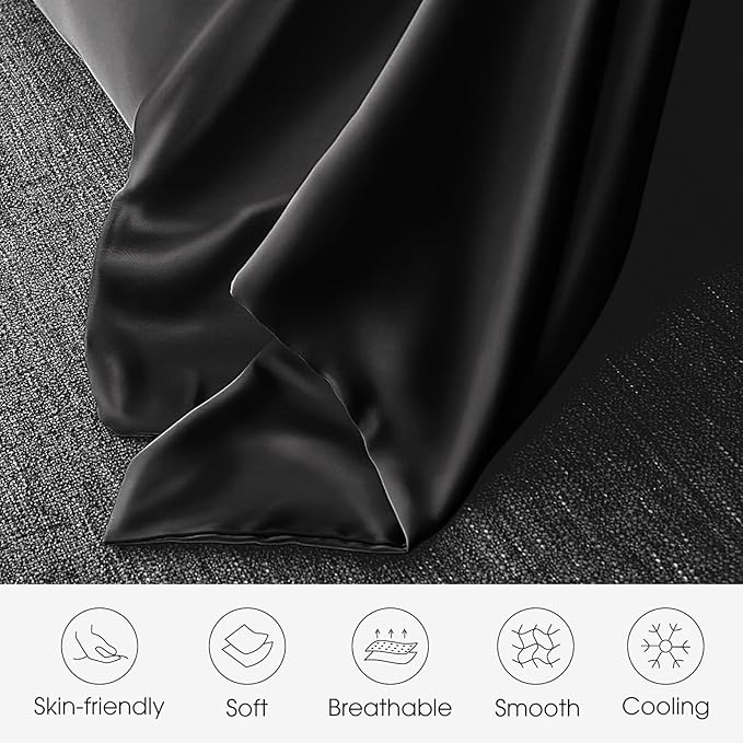 100% Silk Pillow Cases 2 Pack Queen Size Mulberry Silk Pillowcase for Hair and Skin Set of 2 Highest Grade 6A Silk Soft Breathable Cooling with Hidden Zipper, Black