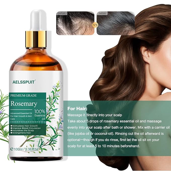 Rosemary Essential Oil for Hair Growth & Scalp Care - 3.38 Fl Oz (100ml) 100% Pure Organic Cold Pressed Oil in Glass Bottle - Aromatherapy Diffuser, Skin & Nail Treatment(Large, Rosemary)
