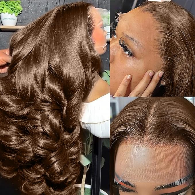5x5 SKINLIKE HD Lace Closure Wigs Human Hair, Chocolate Brown Lace Front Wig With Baby Hair, Loose Wave Pre-Plucked Bleached Knots 250% Density HD Lace Closure Wigs 18 Inch