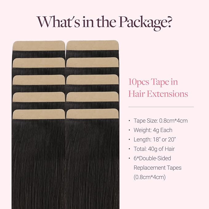 GOO GOO Tape in Hair Extensions Human Hair, 1B Natural Black, 4cm Wide Tape, 18inch 20pcs 80g, Real Human Hair, Seamless Tape in, Instant Length&Volume