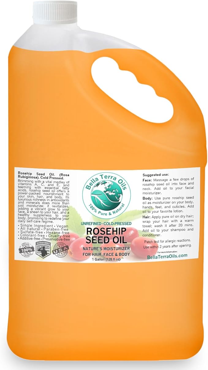 Bella Terra Oils Pure Rosehip Seed Oil – 1 gallon, Nourishing, Hydrating, Rejuvenating, Rich in Vitamins, Enhances Hair and Skin Health