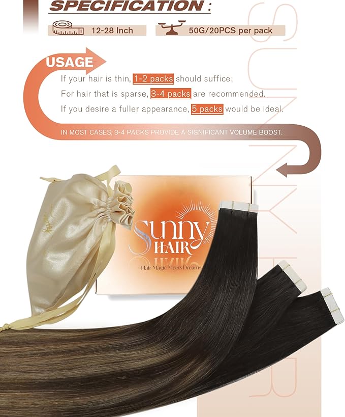Sunny Hair Tape in Hair Extensions Real Human Hair Invisible Remy Hair Extensions Tape ins for Women Natural Black Ombre Dark Brown Balayage Ash Blonde 18 inch 20Pcs 50G
