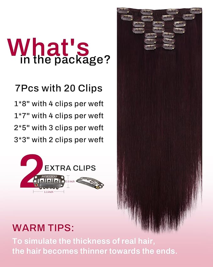 Moresoo Dark Red Clip in Hair Extensions Red Wine Hair Extensions Clip ins Long Remy Human Hair Burgundy for Women Straight And Thick to Add Volume for Party 135g/7pcs 16in