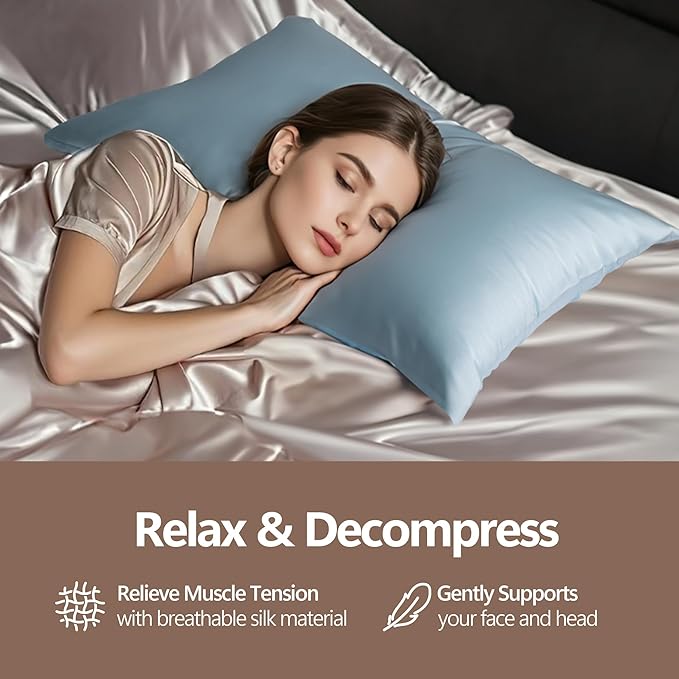 Luxury 6A Mulberry Silk Pillowcase & Silk Pillow Case for Hair & Skin – Anti-Wrinkle, Hidden Zipper – Best Beauty Sleep Solution for Women (Light Blue, Standard)