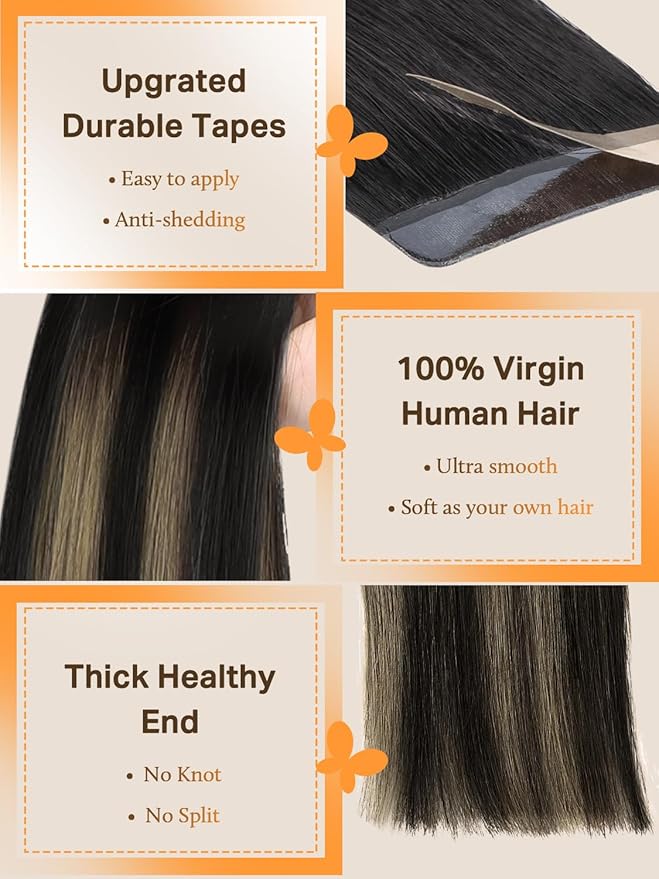 DOORES Hair Extensions Tape in Human Hair Balayage Natural Black to Light Blonde 18 Inch 20pcs 50g Real Tape in Human Hair Extensions Straight Skin Weft