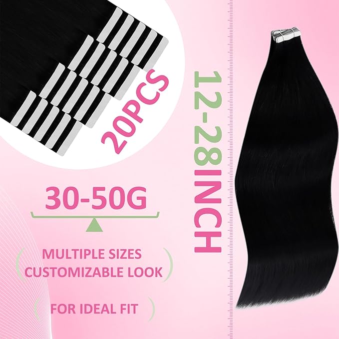 YoungSee 26 Inch Tape in Extensions Human Hair Black Human Hair Tape in Extensions 50g Jet Black Hair Extension Real Human Hair Tape-in 20pcs Long for Adding Hair Length
