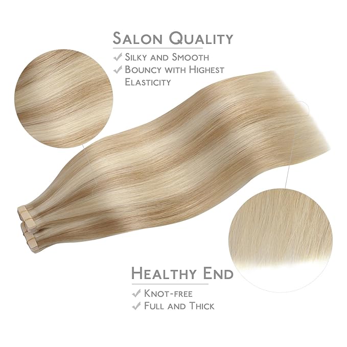 WENNALIFE Tape in Hair Extensions Human Hair, 40pcs 100g 16 inch Dirty Blonde Highlighted Bleach Blonde Hair Extensions Real Human Hair Straight Tape in Extensions Invisible