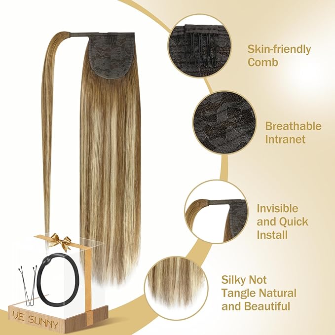 Ve Sunny Hair Extensions Ponytail Real Human Hair Wrap Around Clip in Ponytail Hair Extensions Straight Extensions Human Hair for Women Chestnut Brown Ombre Platinum Blonde Balayage 20inch 80G